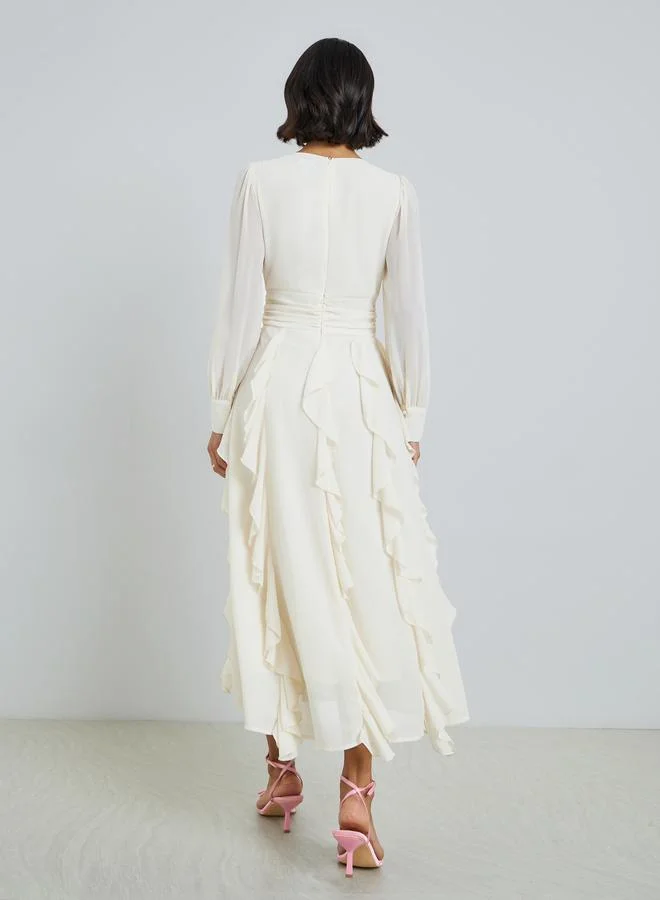Styli  Women Cream Ruffle Detail A-Line Midi Dress for Women | Best Price UAE